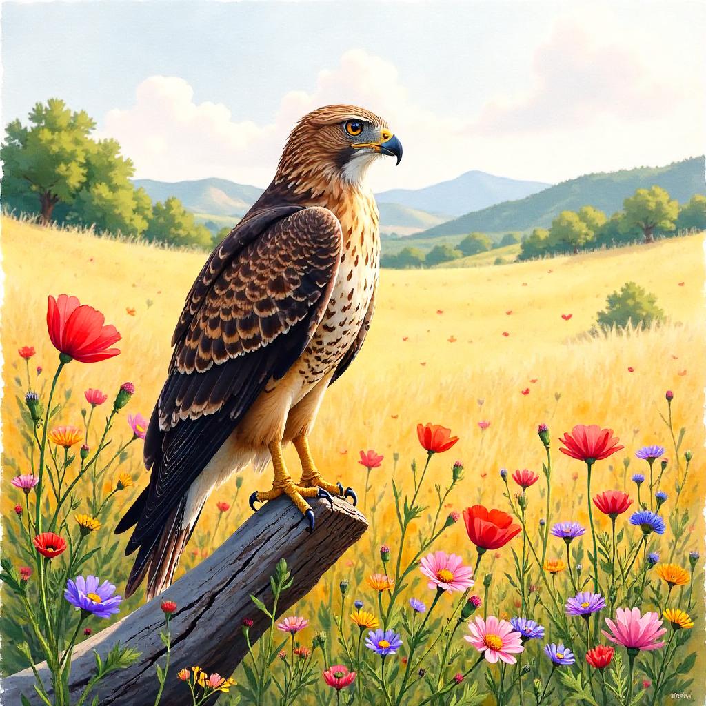 Hawk in a Watercolor Flower Field