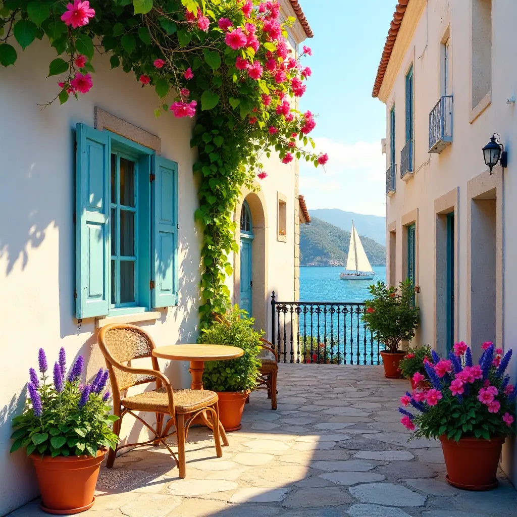 Charming Corfu Balcony with Potted Plants
