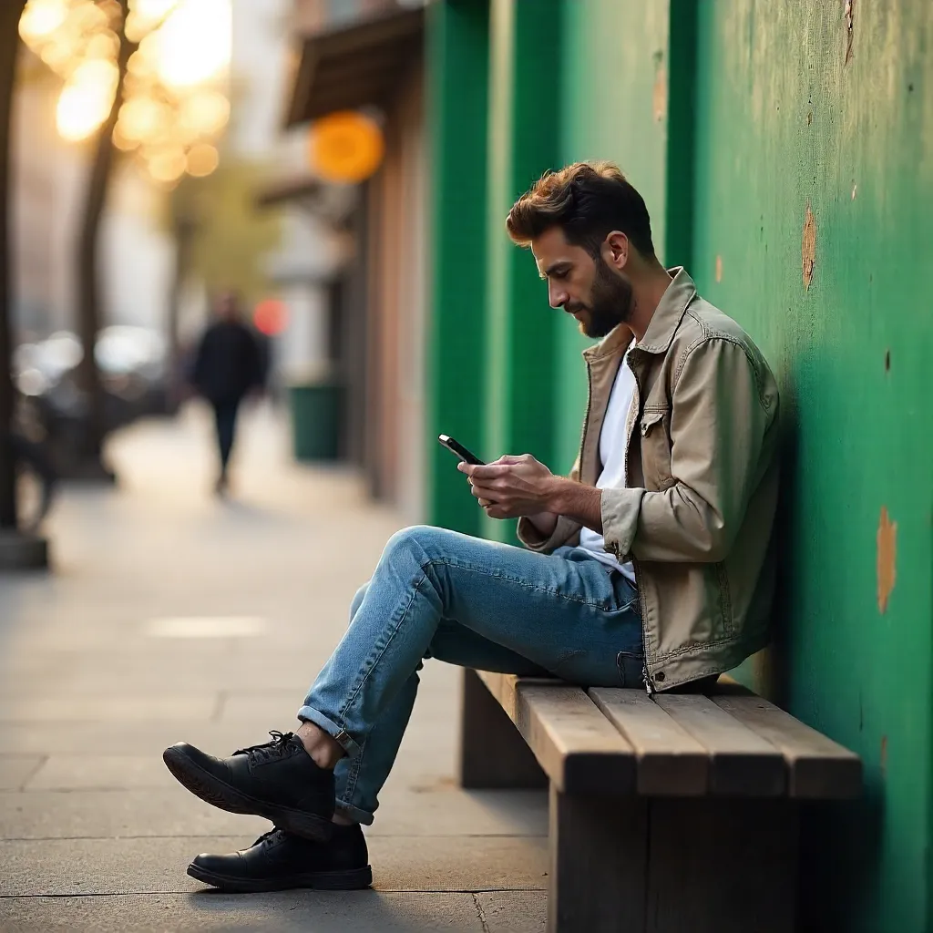 Man on a Bench by a Green Wall Reading Phone