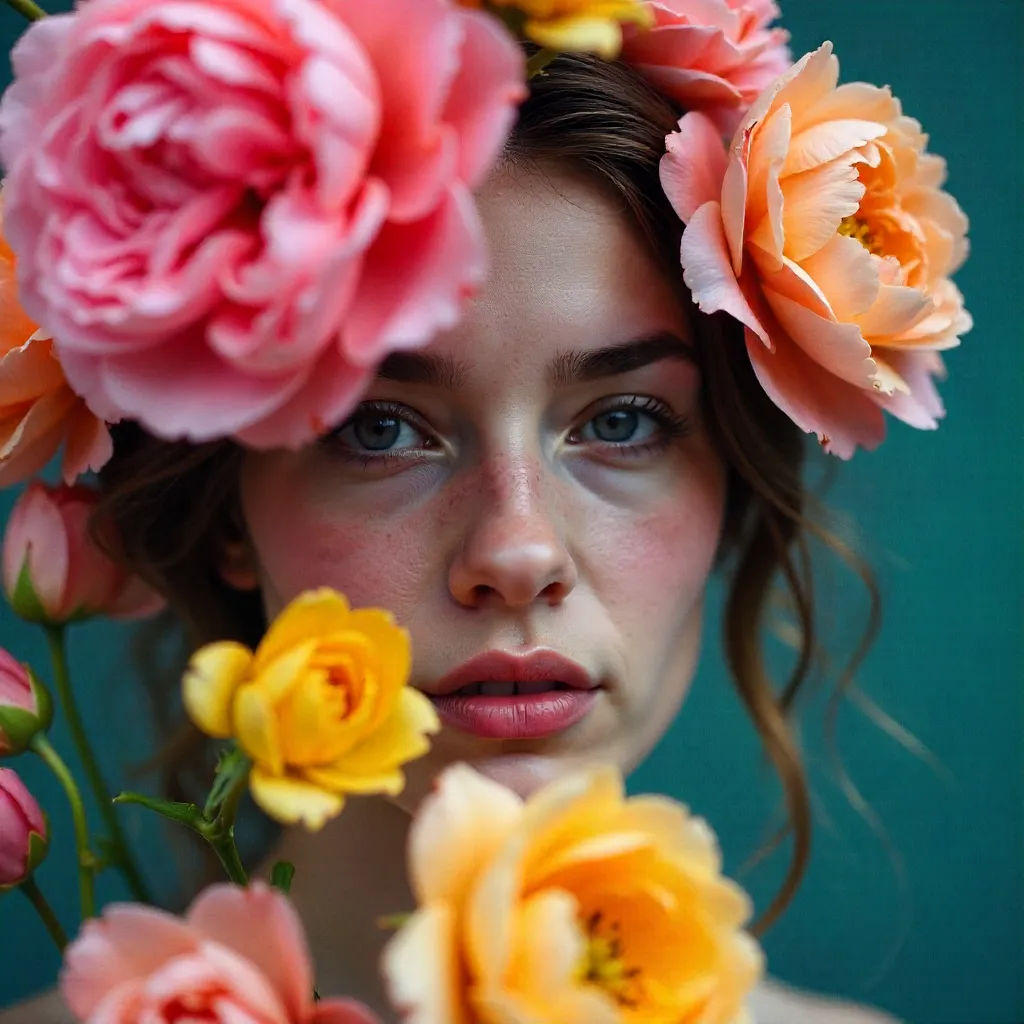 Dreamlike Bloom Portrait: Face Veiled by Flowers