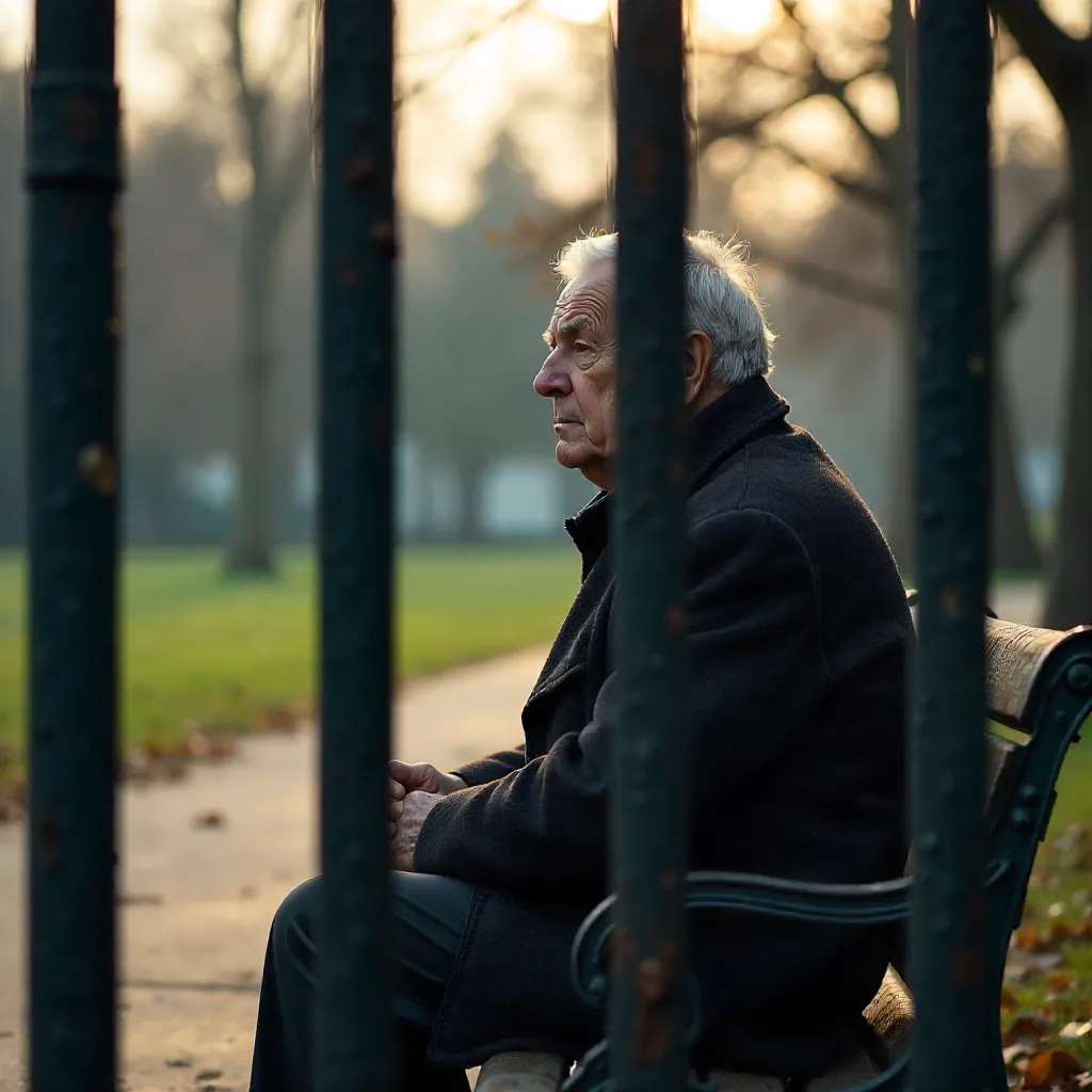 Solitary Man on a Bench Seen Through Bars