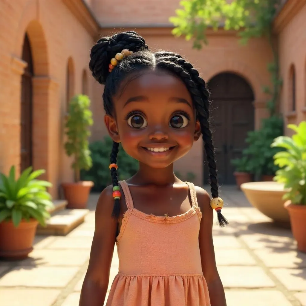 Cheerful Black Girl in a Courtyard