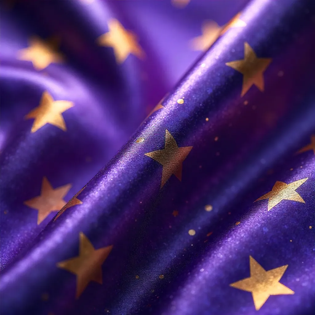 Golden Stars on Purple Fabric Distorted by Plastic Wrap