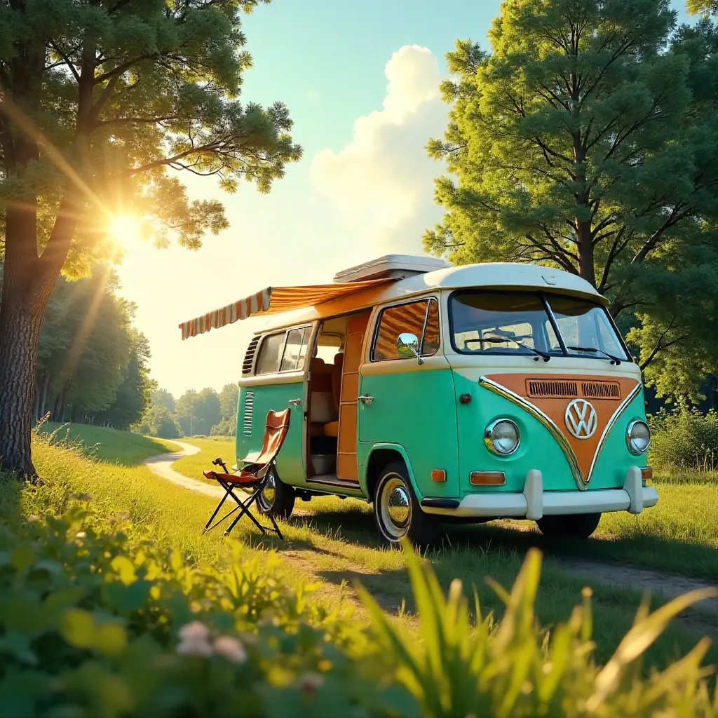 Sunlit Retro Campervan in Lush Greenery
