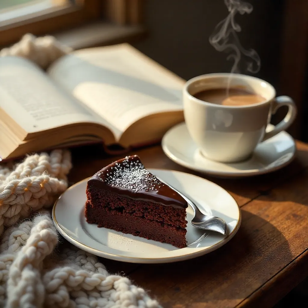 Cozy Slice: Chocolate Cake, Coffee, and a Book