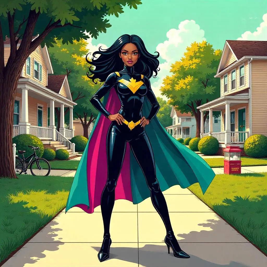 Elegant Black Girl Superhero in Suburban Street