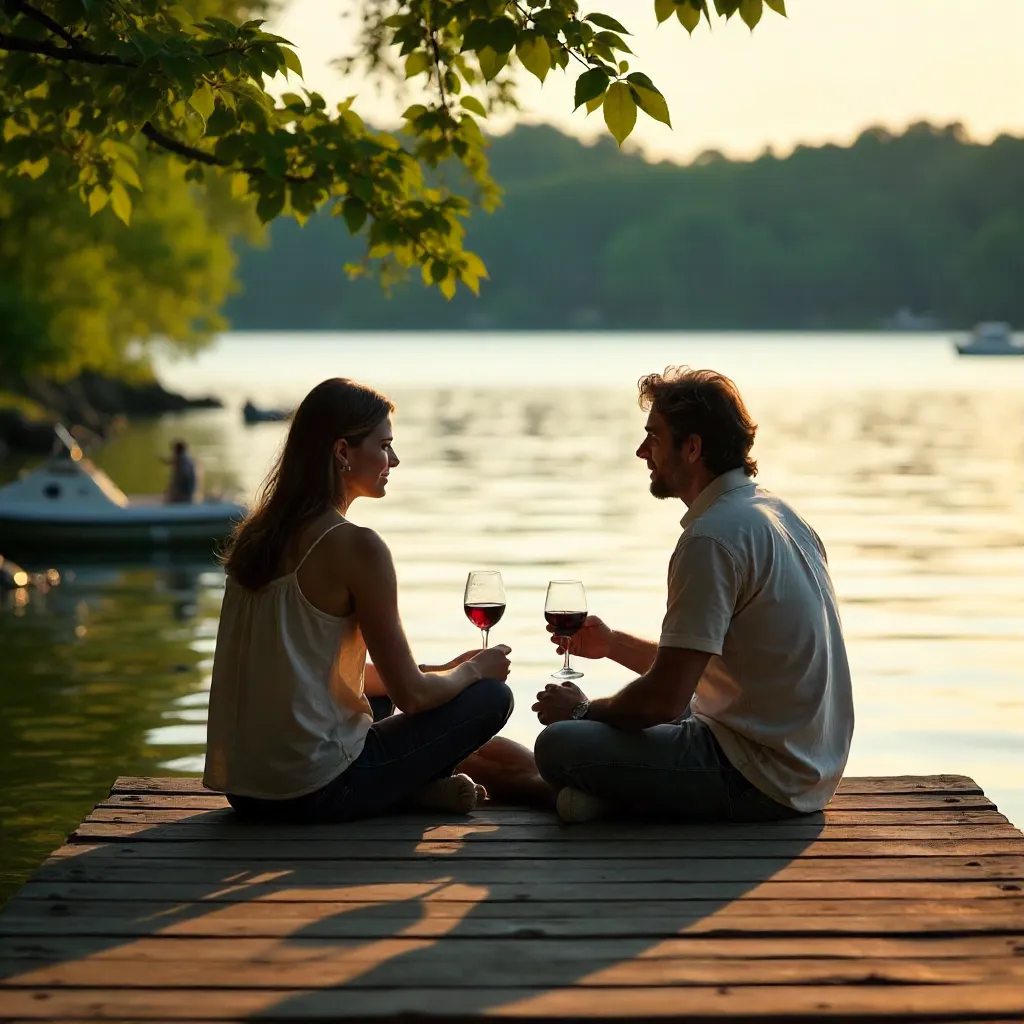 Lakeside Conversation Over Drinks