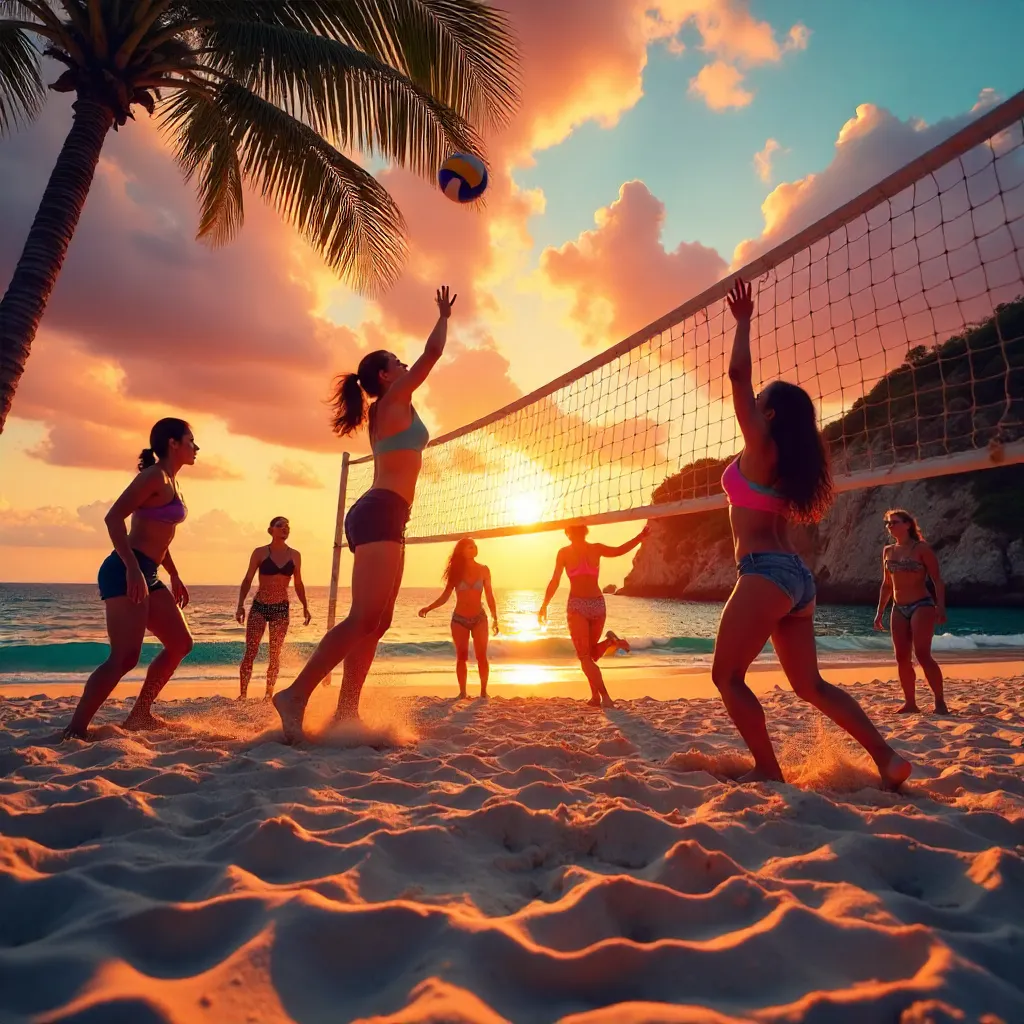 Sunset Beach Volleyball with Friends and Scenic Views