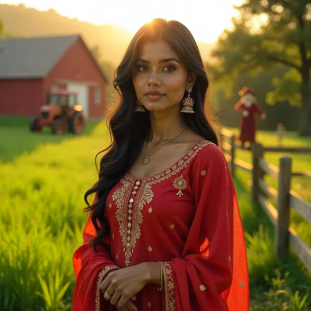 3D Render: Indian Woman on a Sunlit Farm