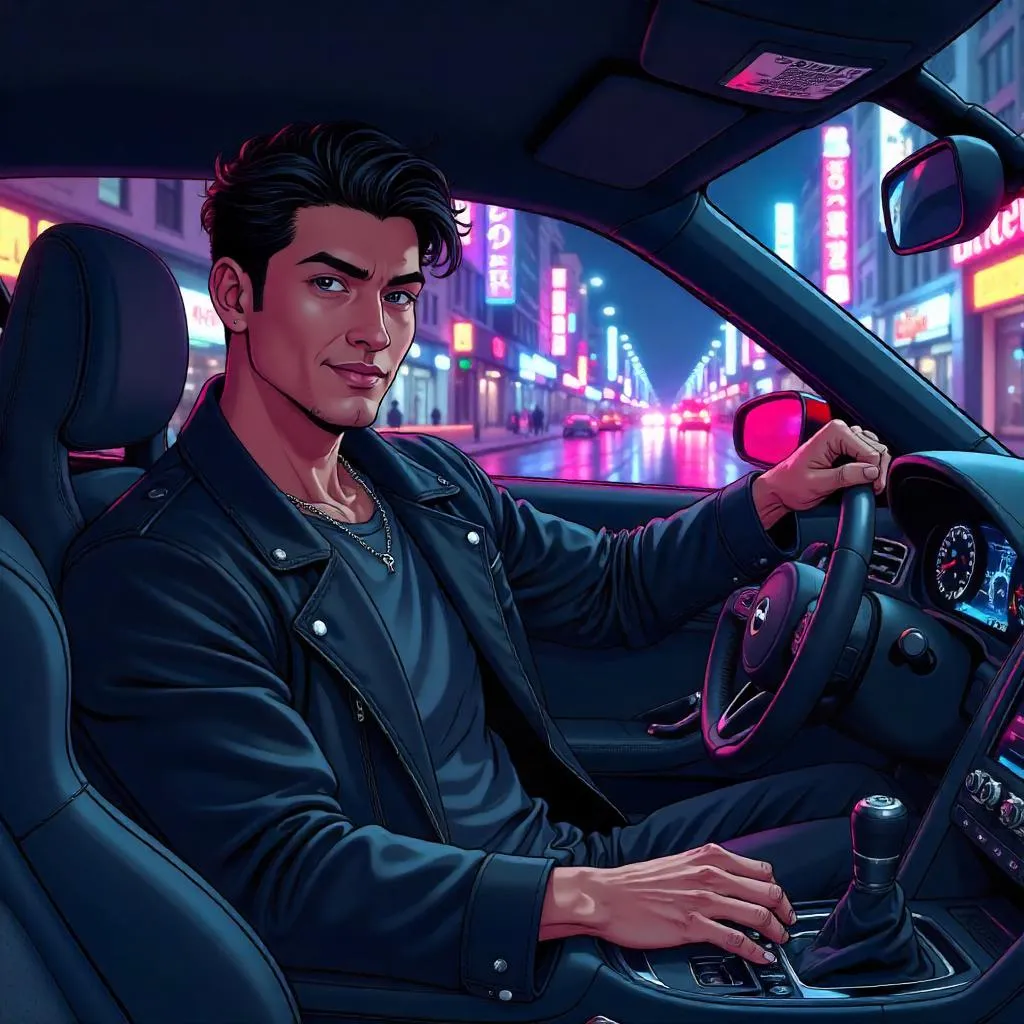 Confident Latino Man in an Anime-Style Car