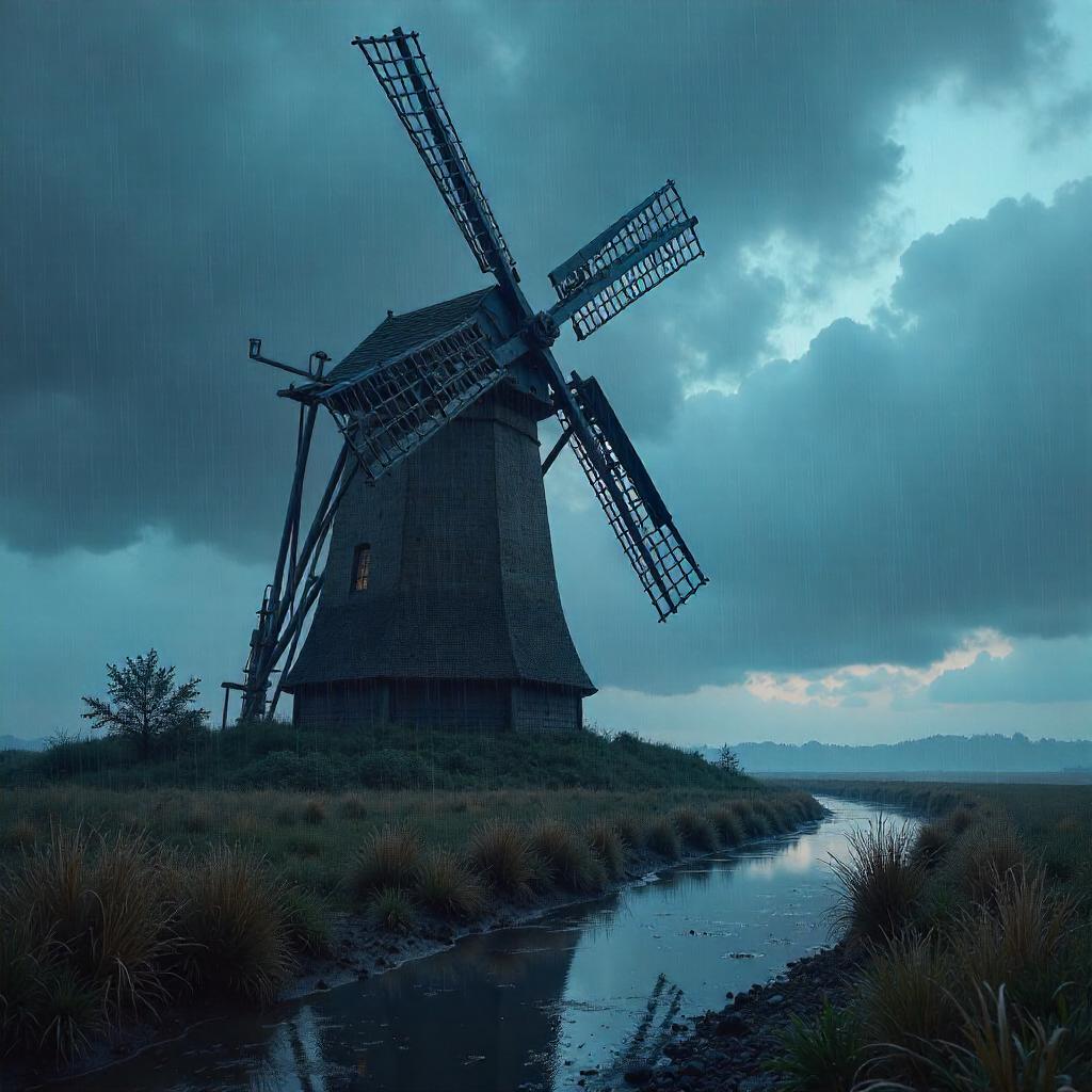 Stormy Digital Windmill in Heavy Rain