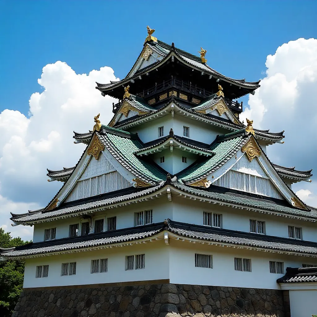 Osaka Castle Rooftop Under Azure Sky