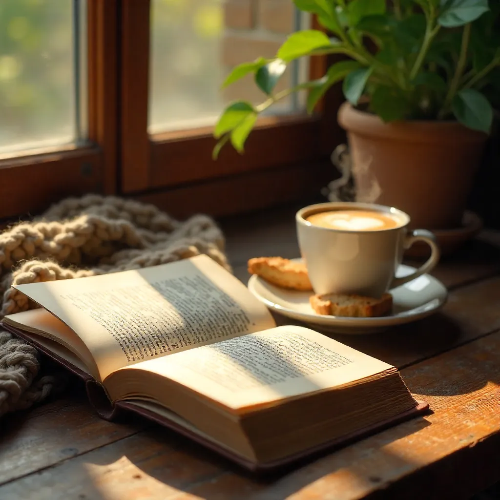 Cozy Morning: Book, Coffee, and Biscotti