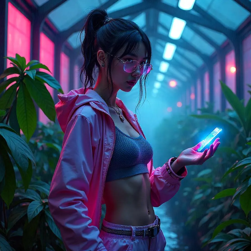 Cyberpunk Asian Girl in a Neon Greenhouse