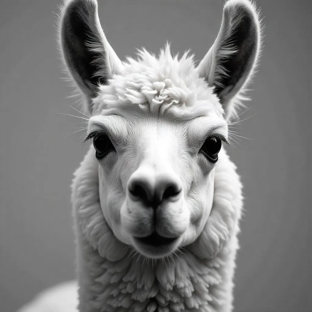 Close-Up Black-and-White Llama Portrait