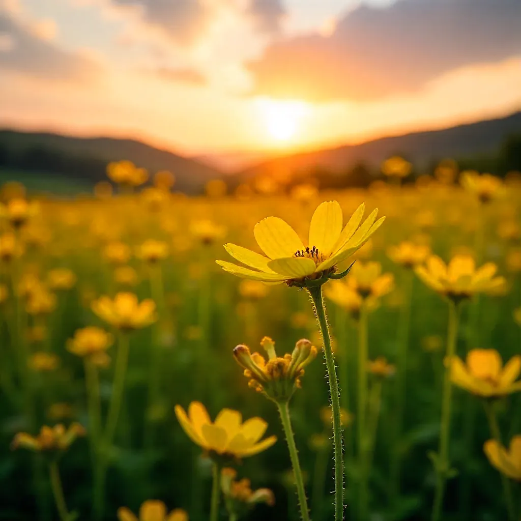 Golden Hour Yellow Wildflowers in Sunset Meadow