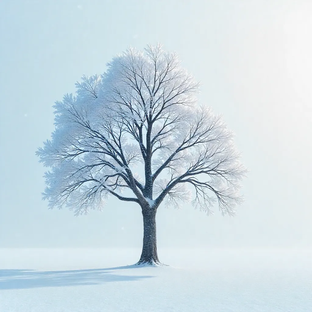 Frosted Lone Tree Against a White Winter Backdrop