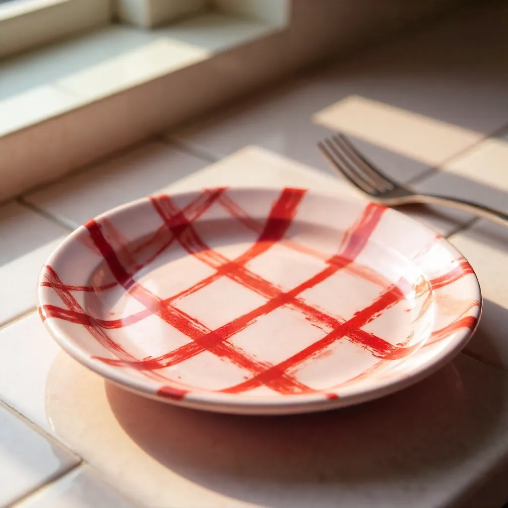 Pink Ceramic Plate with Red Checkered Pattern and Fork on Tiles