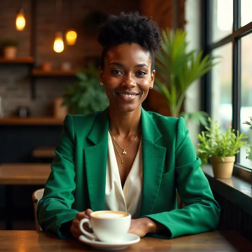 Cafe Chic: Photorealistic Portrait of a Stylish Black Woman