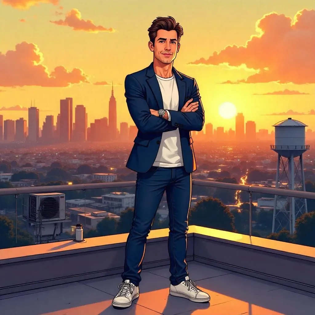 Confident White Man on Rooftop - Cartoon Style