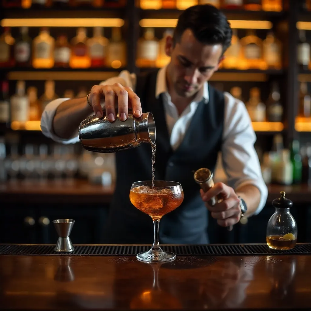 Bartender Straining a Classic Cocktail at the Bar