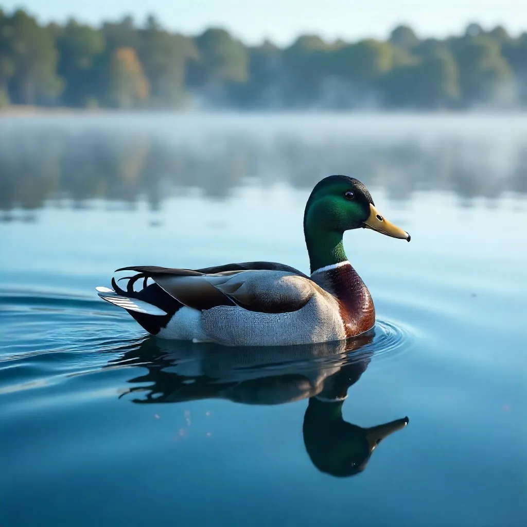 Solitary Mallard Gliding on Deep Blue Lake