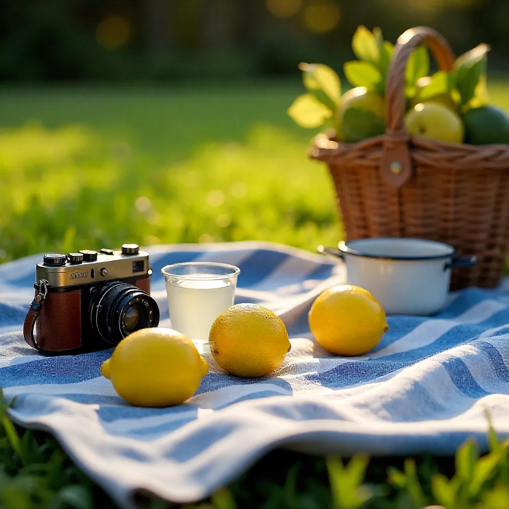 Lemon Sparkle: Vintage Camera on a Striped Picnic