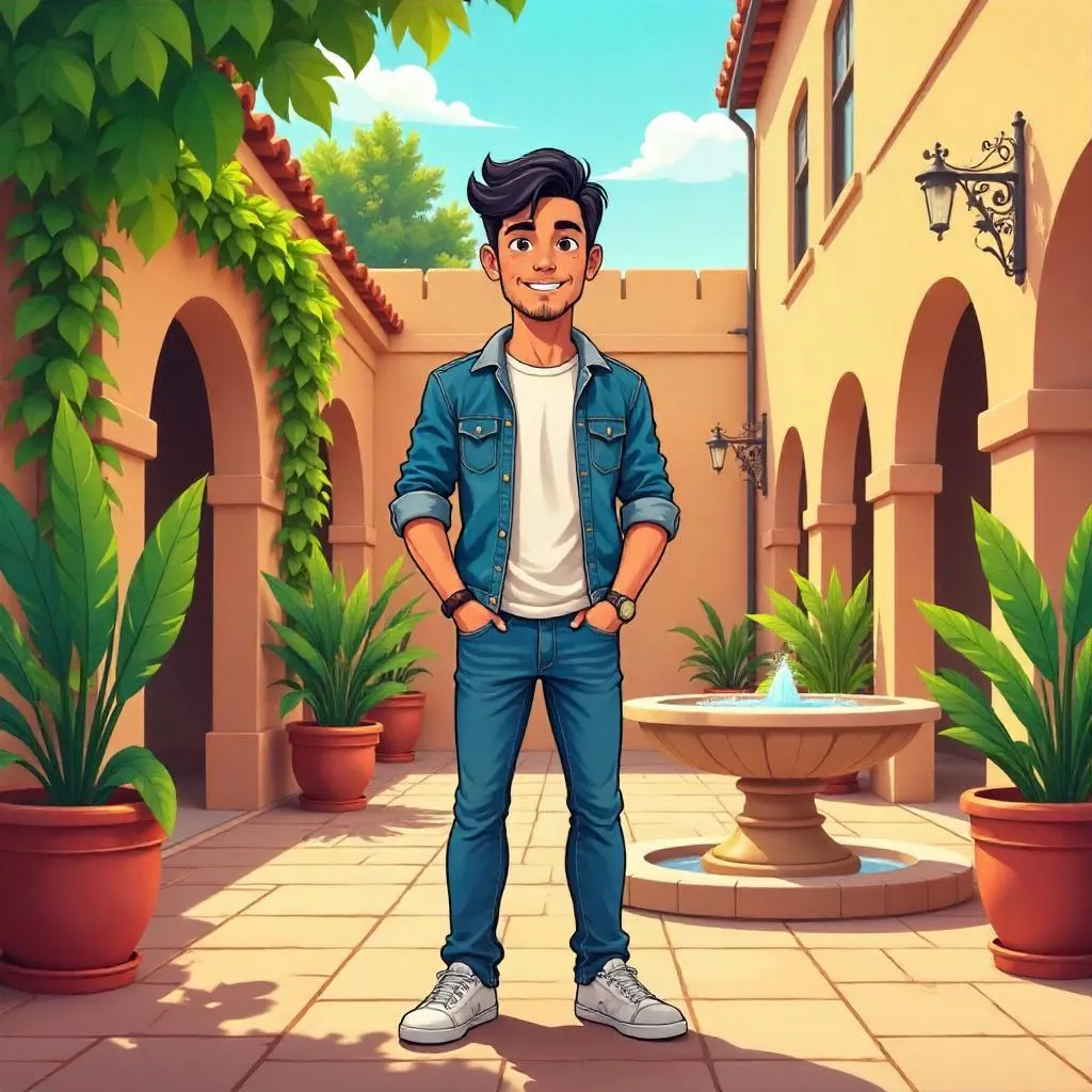 Cartoon Courtyard Portrait: A Young Latino Man