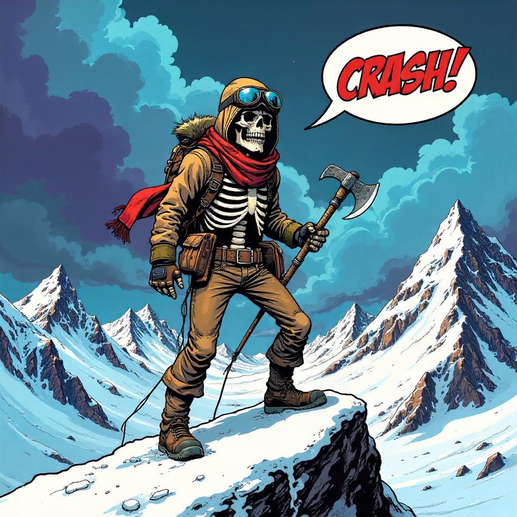 Skeleton Adventurer on a Snowy Summit — Comic Style