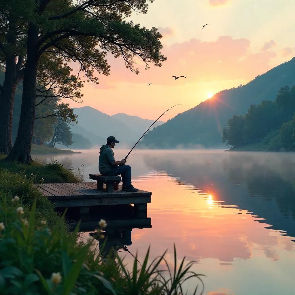 Dusk Angler by a Tranquil Lakeside