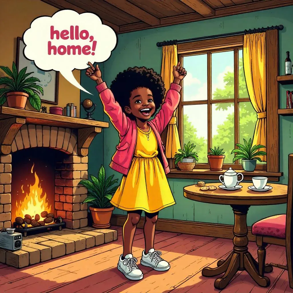 Cheerful Black Girl in a Cozy Cottage — Comic Style