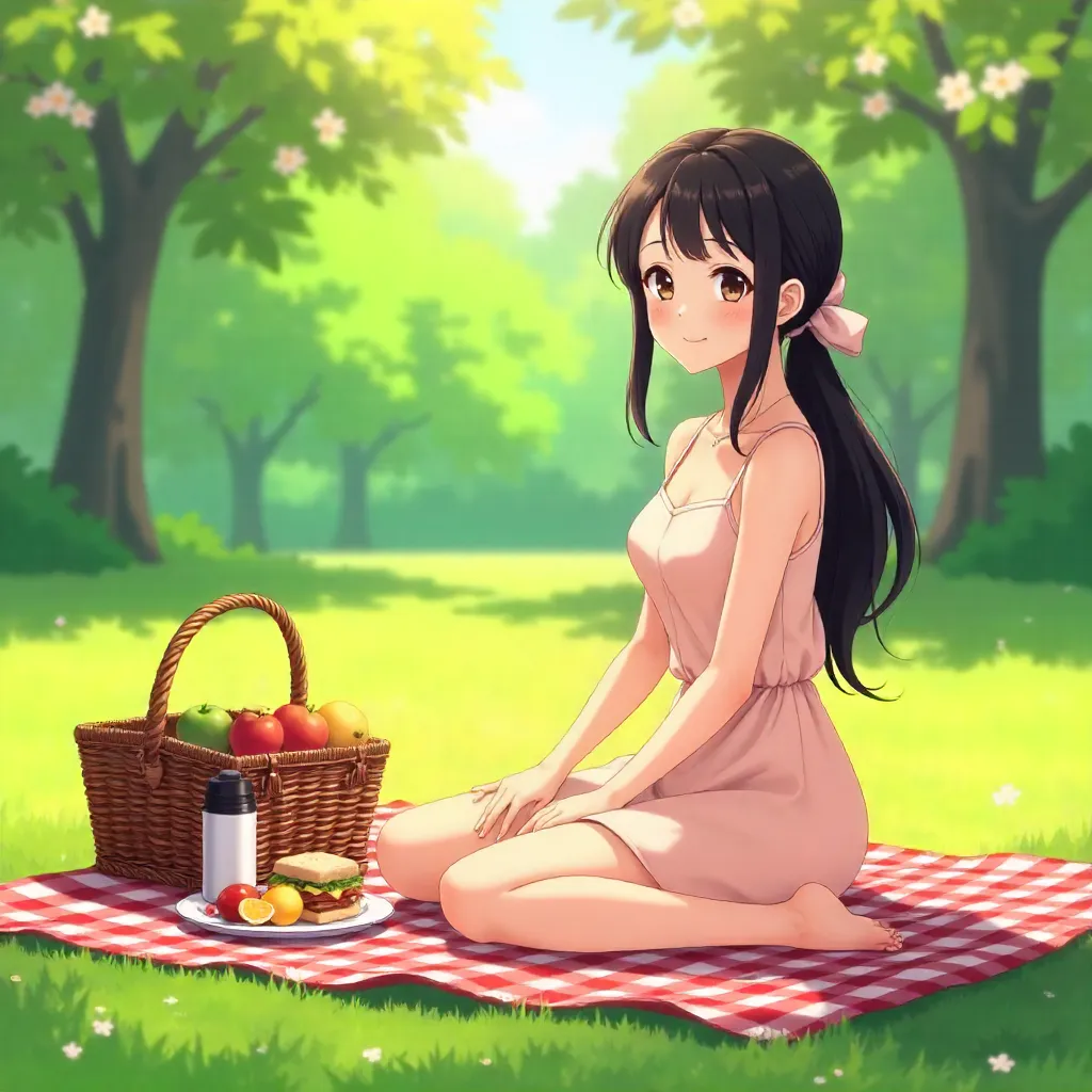 Anime-Style Adult Asian Woman Having a Picnic