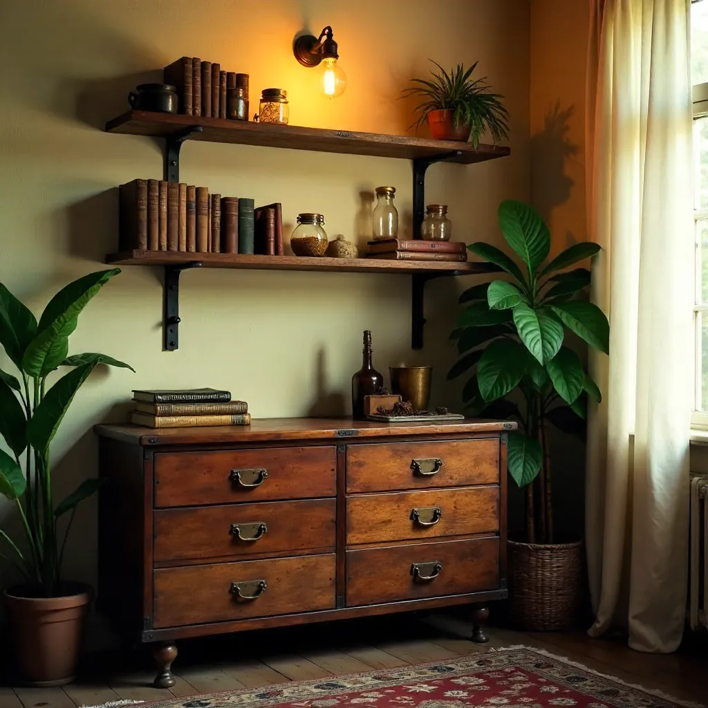 Cozy Vintage Interior with Industrial Lamp and Wood Furniture