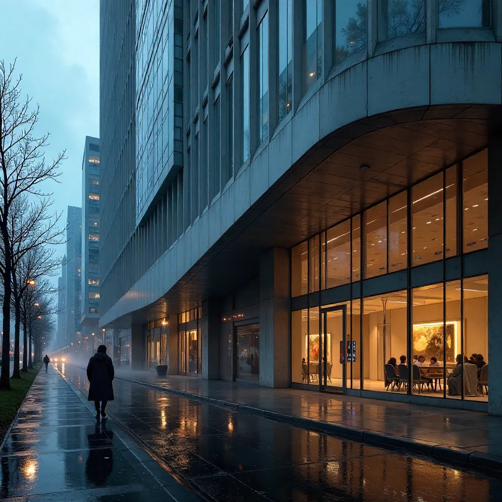 Lone Figure Walks by a Striking Modern Facade
