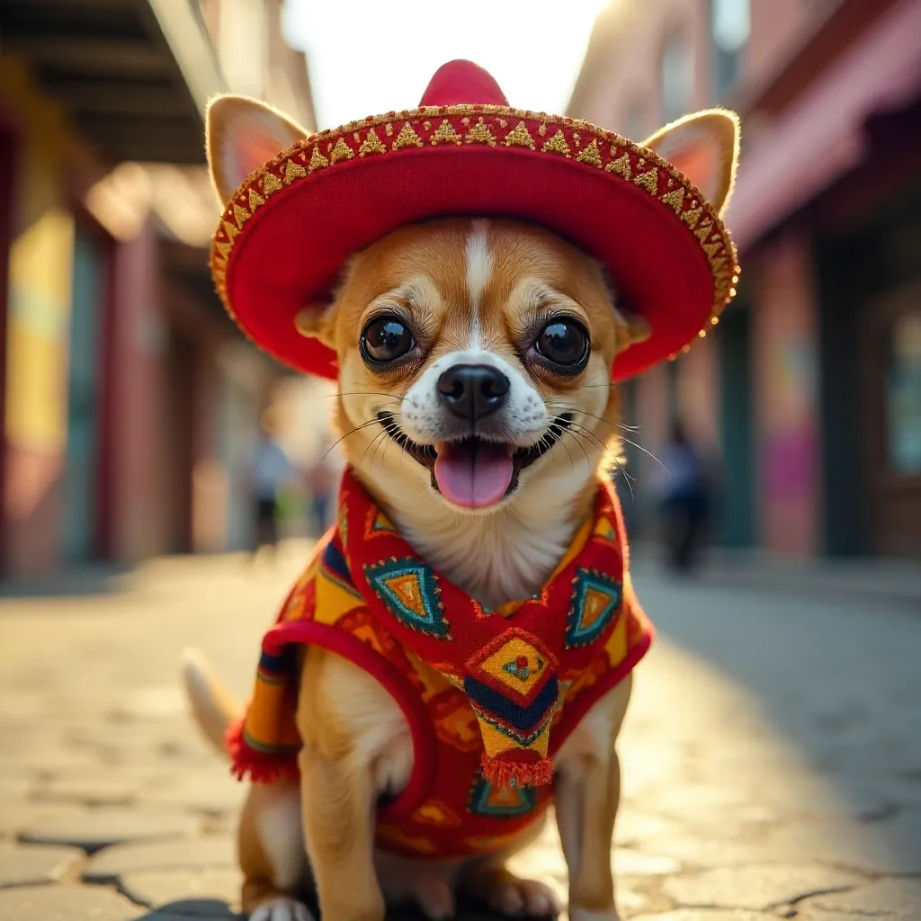 Chihuahua in Colorful Mexican Attire on Street