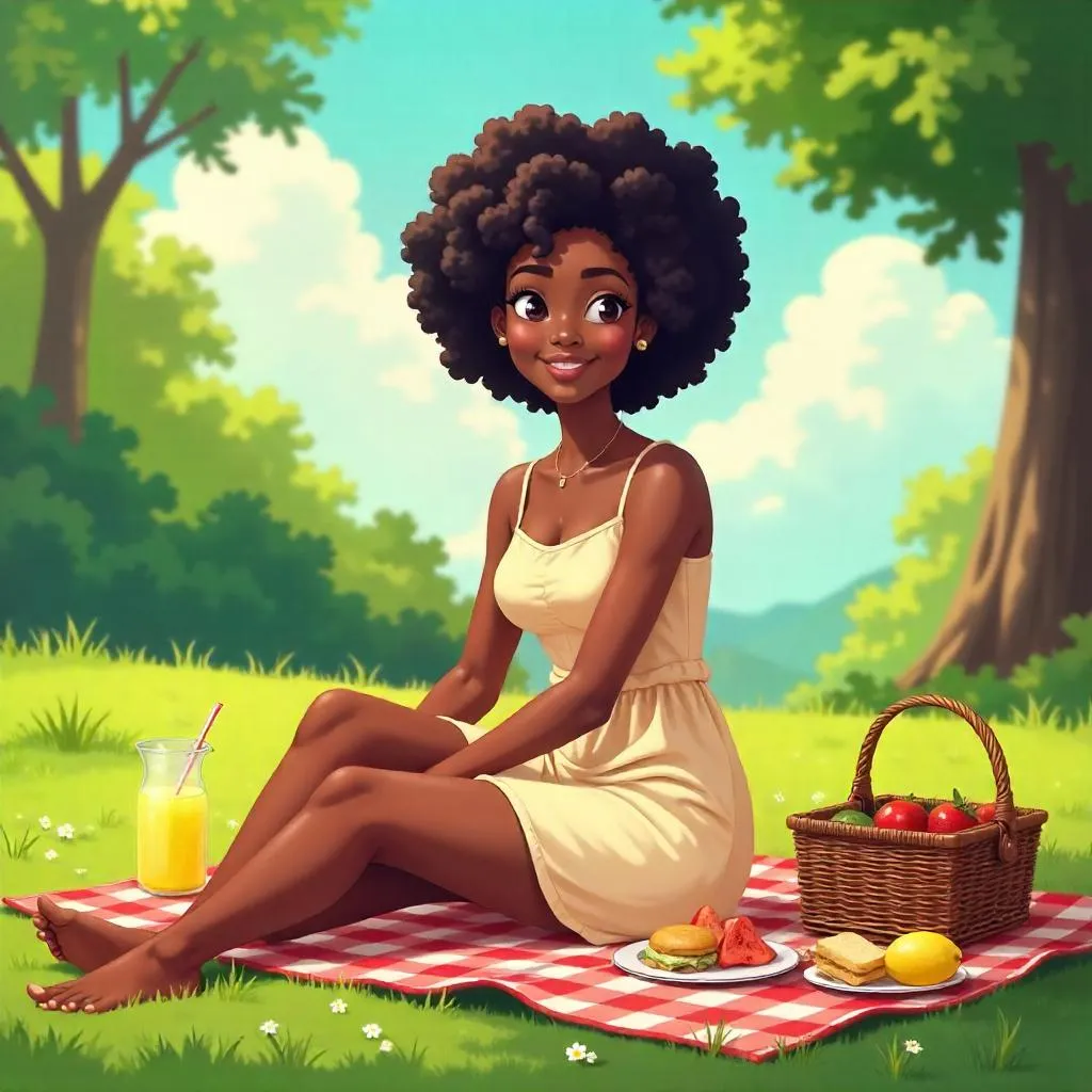 Sunlit Picnic: Anime-Style Young Black Woman