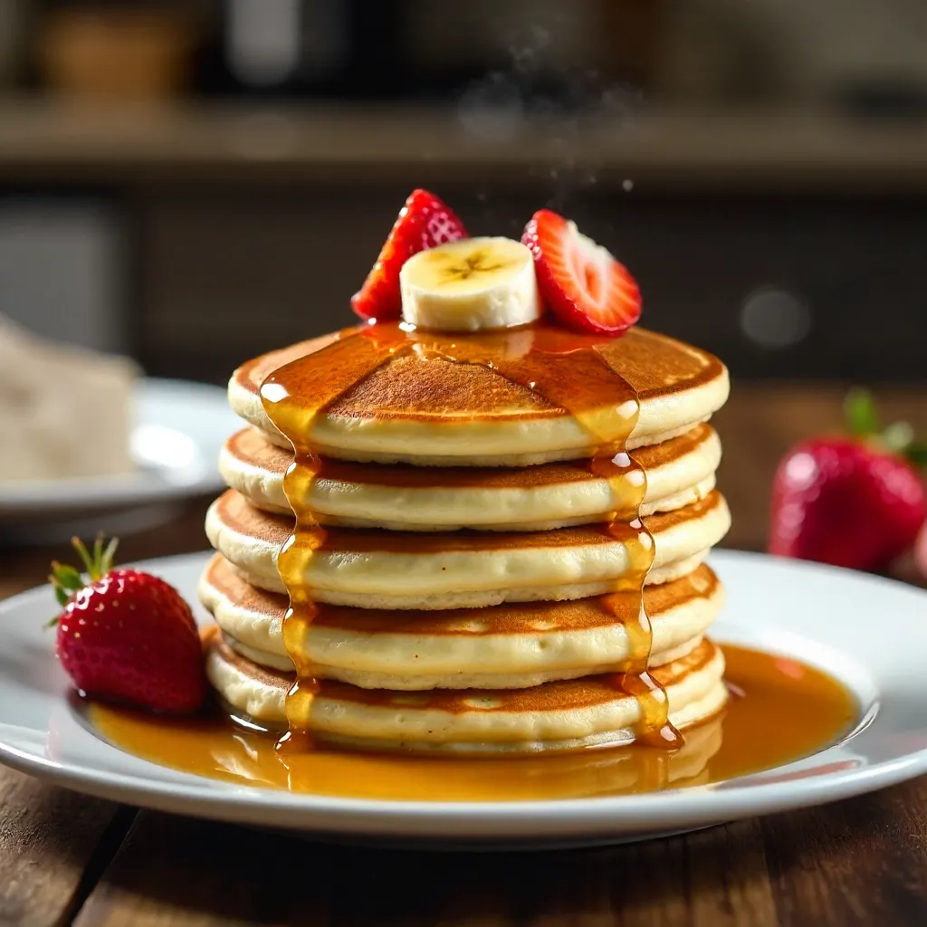 Stack of Pancakes with Syrup and Fresh Fruit
