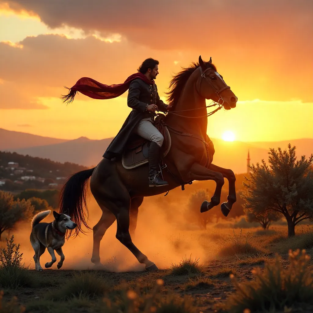 Sunset Gallop in Türkiye: Rider, Horse, and Dog