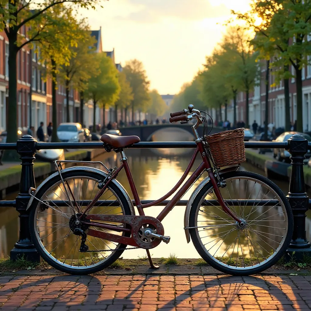 Vintage bicycle by Amsterdam canal at golden hour