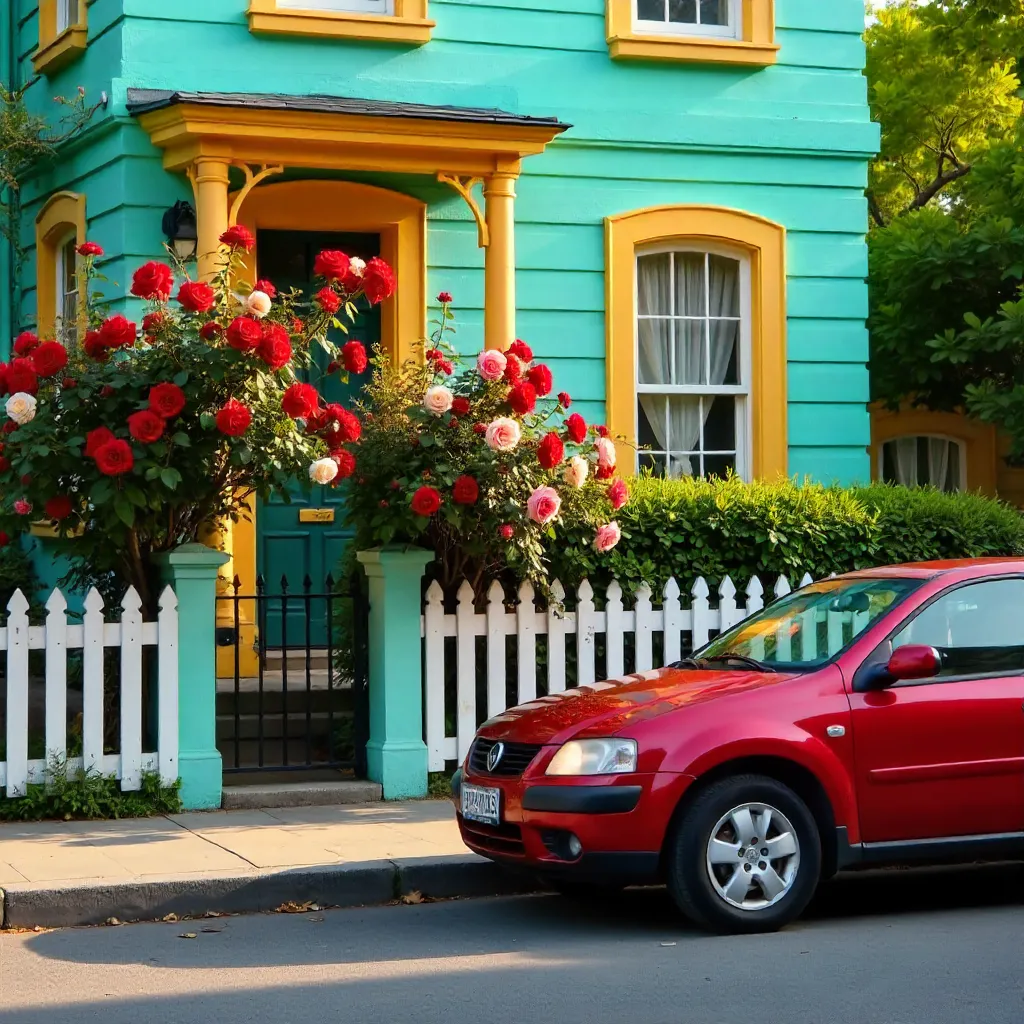 Colorful House with Roses and Red Car on a Serene Street