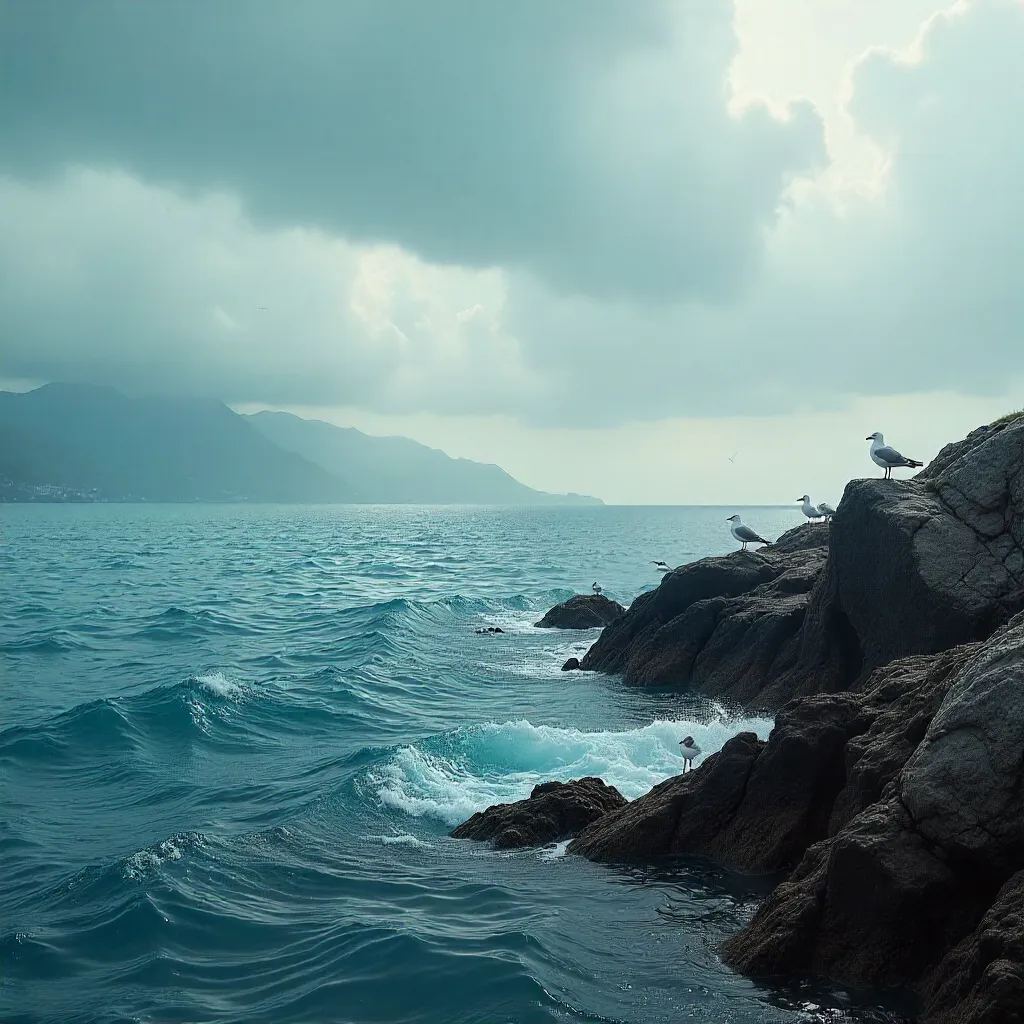 Tranquil Ocean Seabirds Beneath Misty Mountains