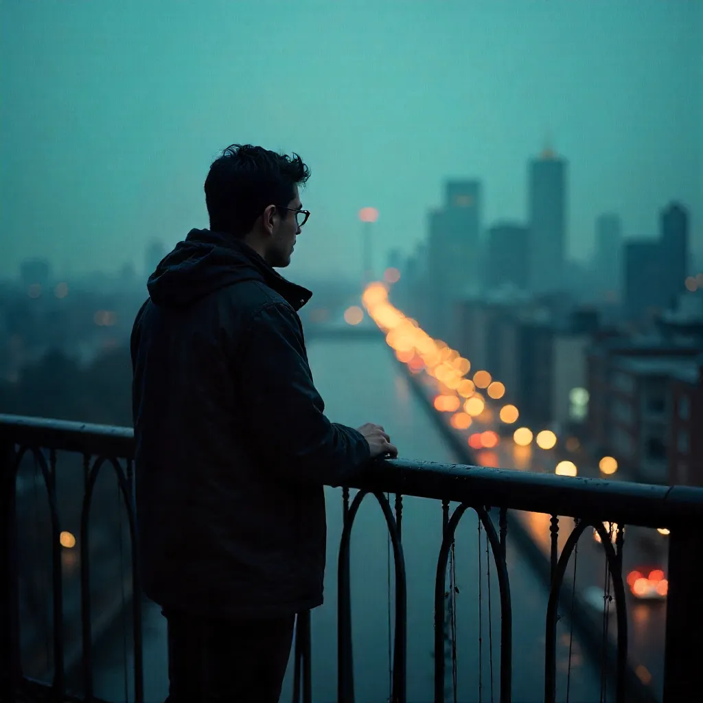 Silhouette Over a Blurred Cityscape at Dusk
