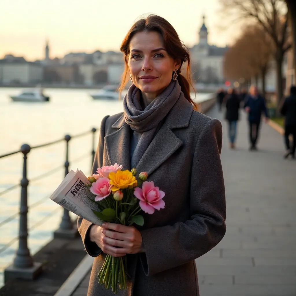 Elegant Waterfront Portrait: Coat, Scarf, Flowers