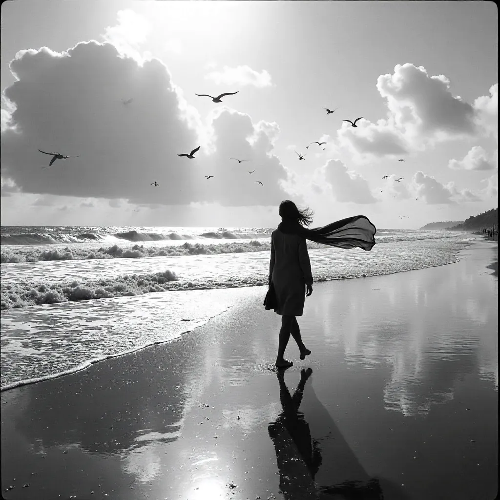 Monochrome Seaside Stroll: Woman and Seagulls in Wind