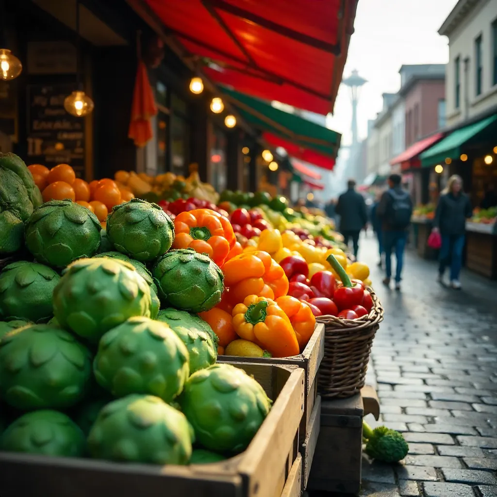 Seattle Market Produce: Artichokes, Peppers & Broccolini