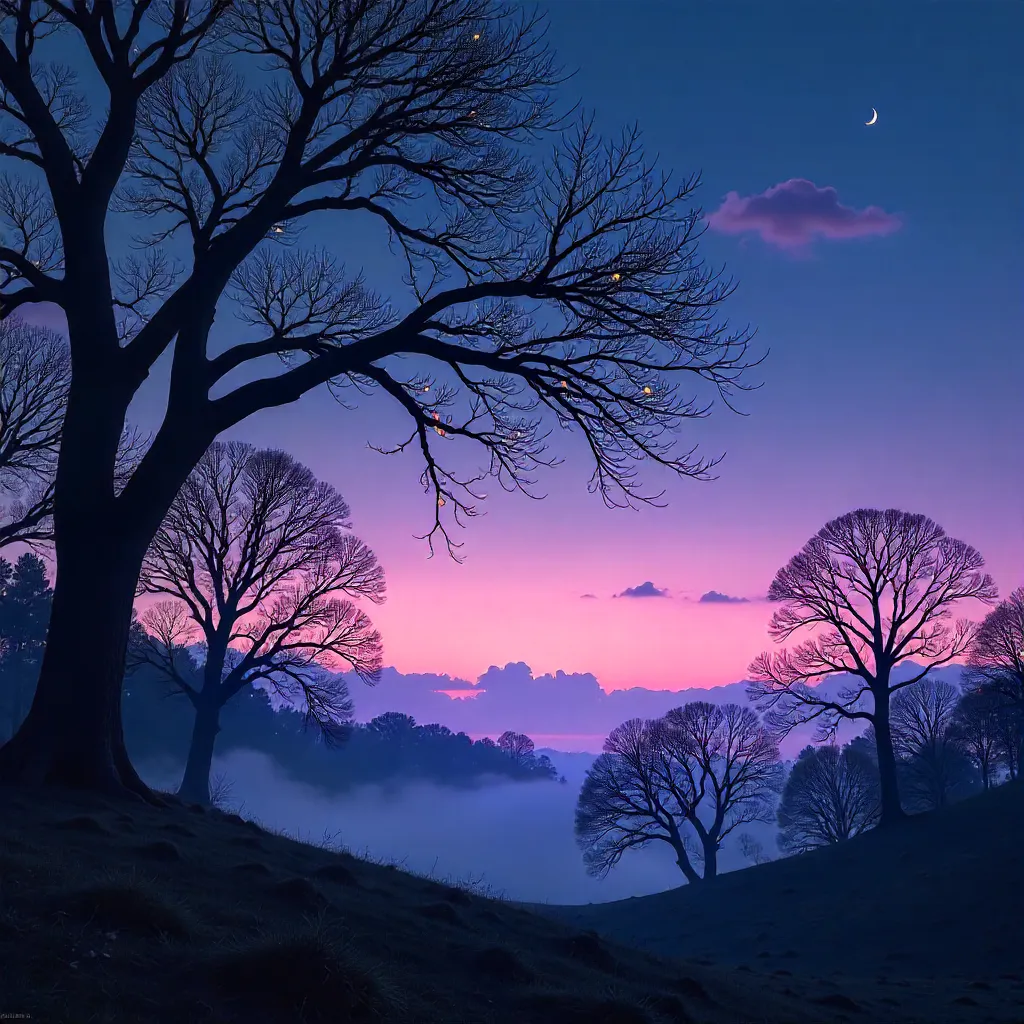 Crescent Moon over Twilight Silhouetted Branches