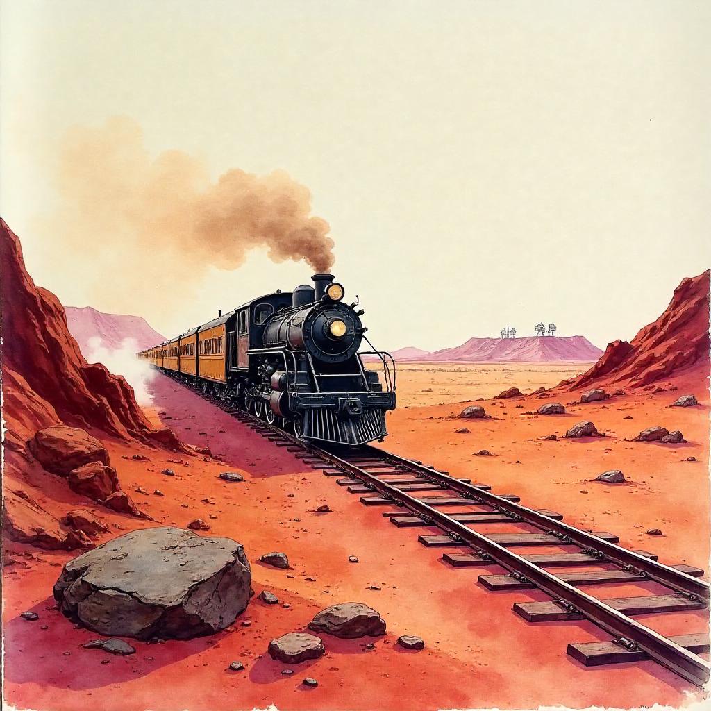 Watercolor Train Crossing on a Red Martian Desert