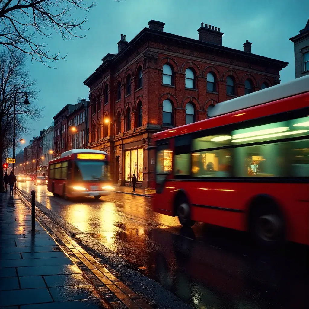 Motion Blur of Buses Past a Historic Brick Building