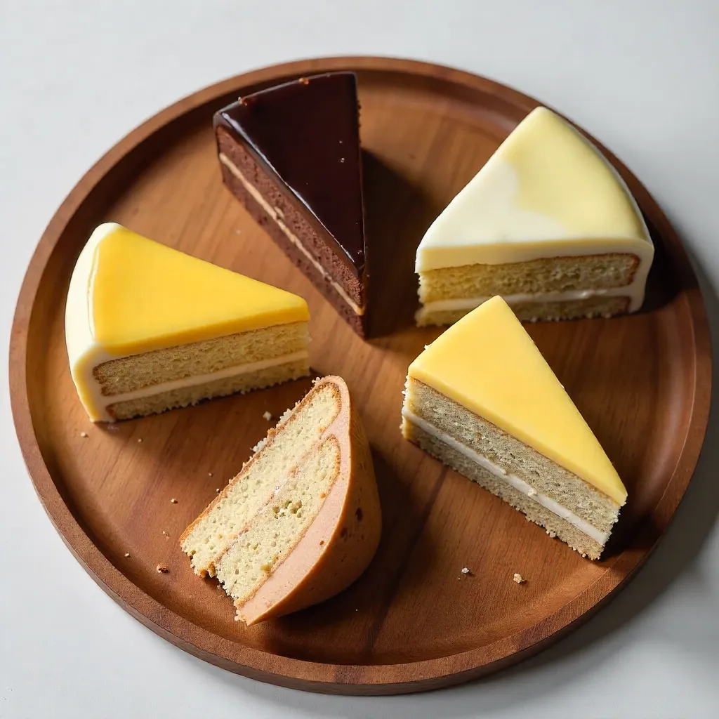 Five Artisan Cake Slices on a Minimalist Wooden Tray