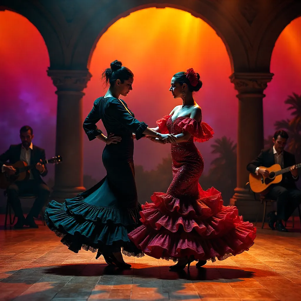 Flamenco Fire: Dancers in Colorful Motion
